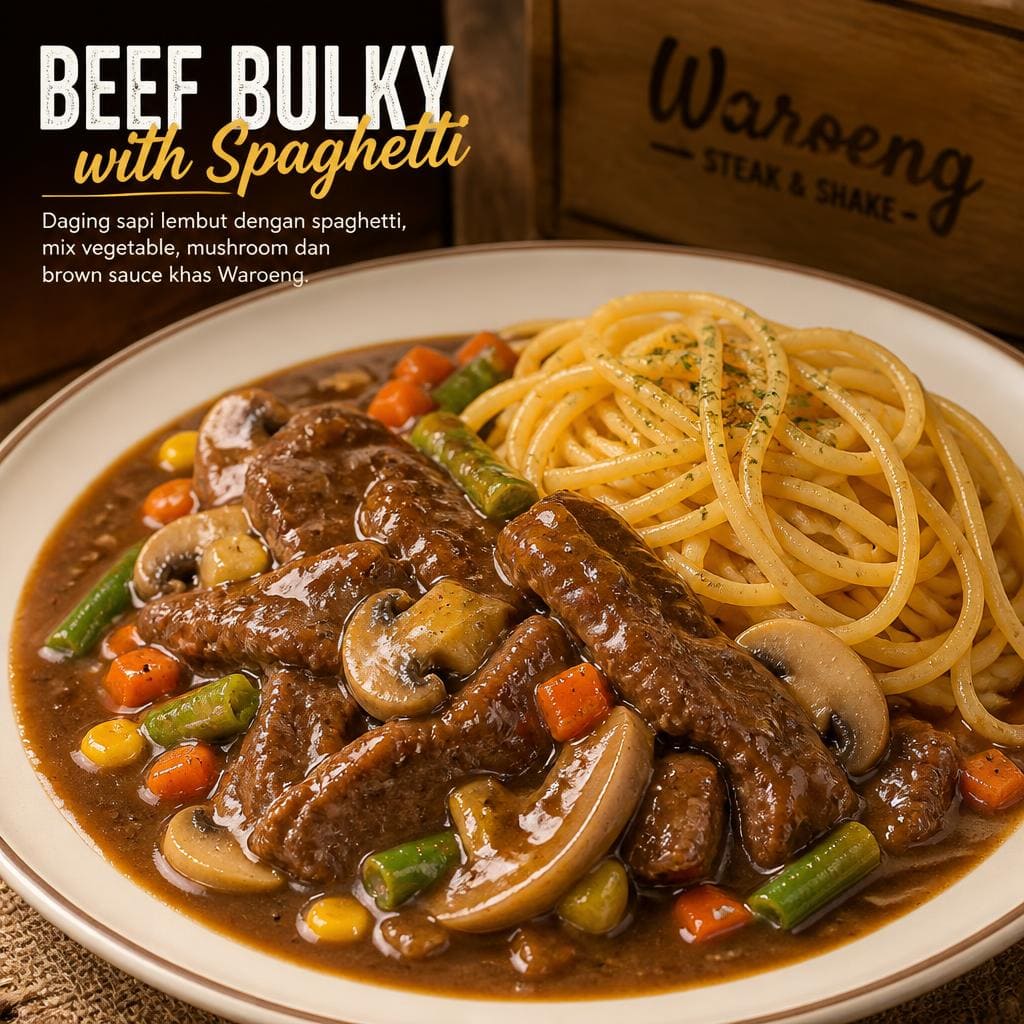 Beef Bulky with Spaghetti dengan daging lembut, spaghetti, dan mix vegetable